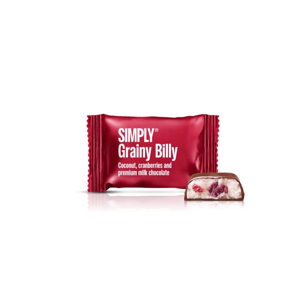 Grainy Billy - Box med 75 stk. bites | Coconut, cranberry and premium milk chocolate