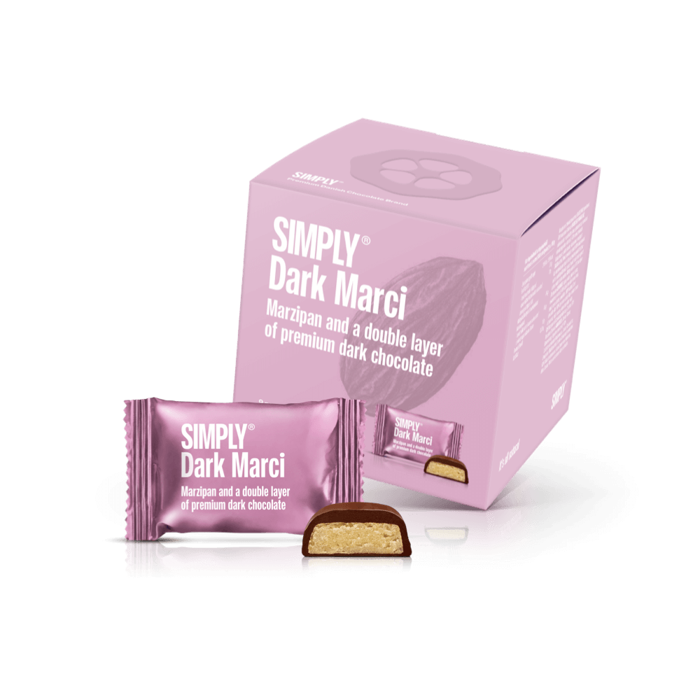 Simply® Dark Marci - Cube with bites | Marzipan and a double layer of dark chocolate