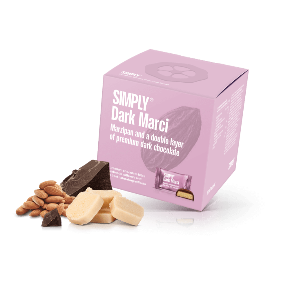 Simply® Dark Marci - Cube with bites | Marzipan and a double layer of dark chocolate