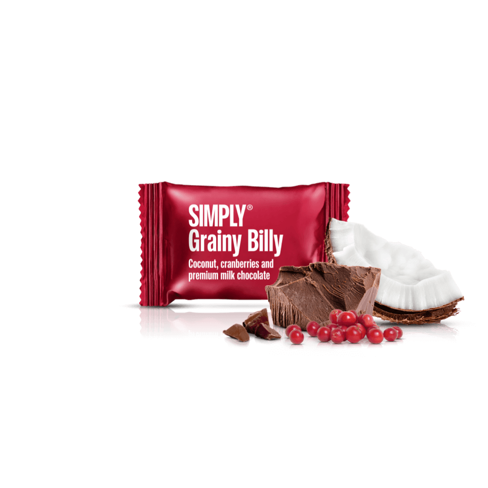 New Grainy Billy - Box med 75 stk. bites | Coconut, cranberry and premium milk chocolate
