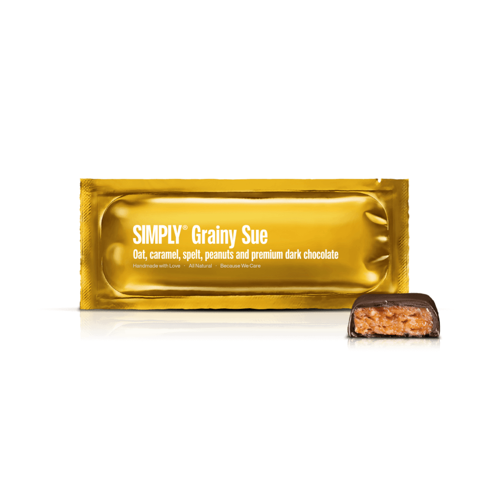 Simply® Grainy Sue | Oats, spelt, caramel, peanuts and premium dark chocolate