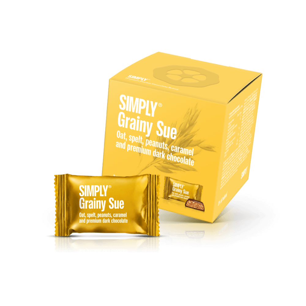 Simply® Grainy Sue - Cube with bites | Oats, spelt, caramel, peanuts and dark chocolate