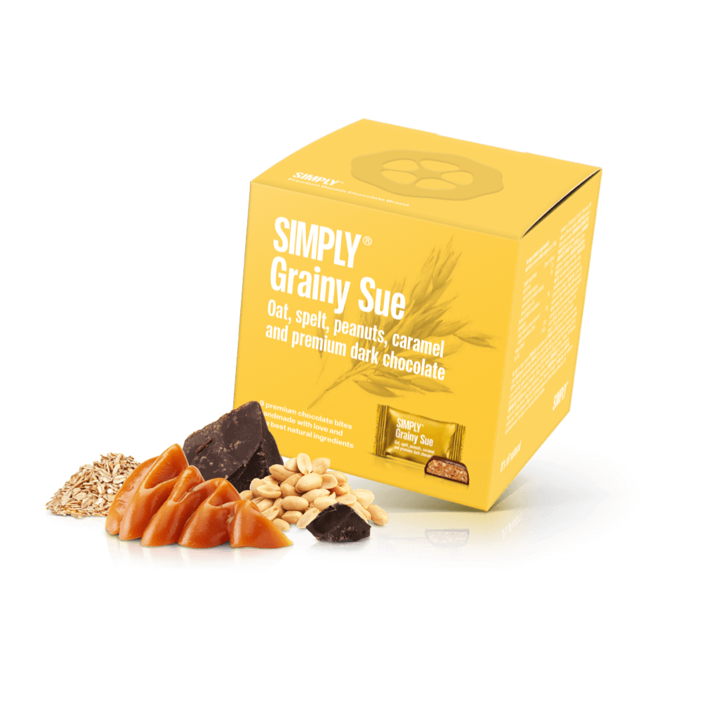 Simply® Grainy Sue - Cube with bites | Oats, spelt, caramel, peanuts and dark chocolate