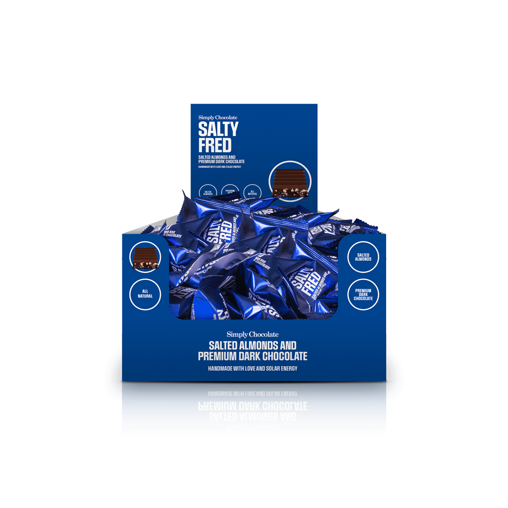 Salty Fred - Box with 75 pcs. bites | Salted, roasted almonds with premium dark chocolate