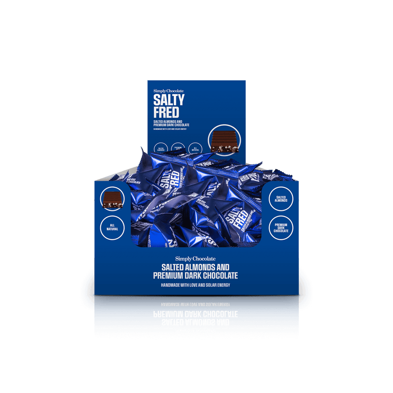 Salty Fred - Box with 75 pcs. bites | Salted, roasted almonds with premium dark chocolate