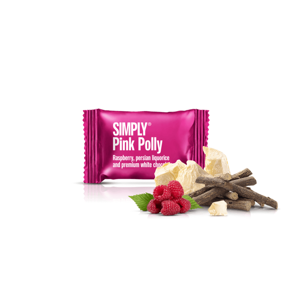 Pink Polly - Box with 75 pcs. bites | Raspberries, Persian licorice and white chocolate