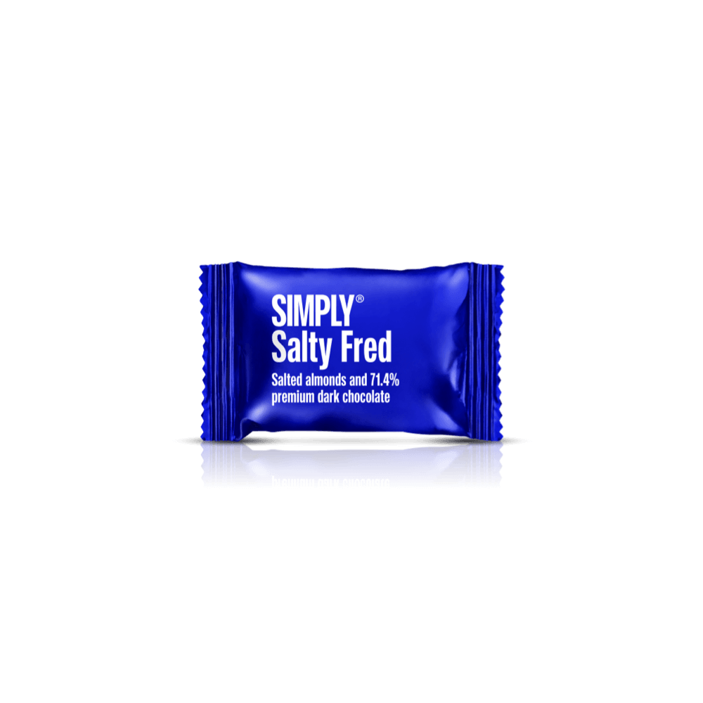 Salty Fred - Box with 75 pcs. bites | Salted, roasted almonds with premium dark chocolate