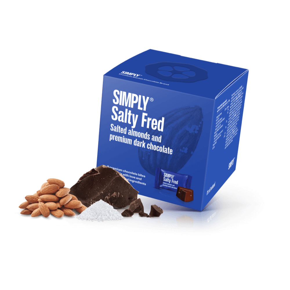 Simply® Salty Fred - Cube with bites | Salted, roasted almonds with dark chocolate