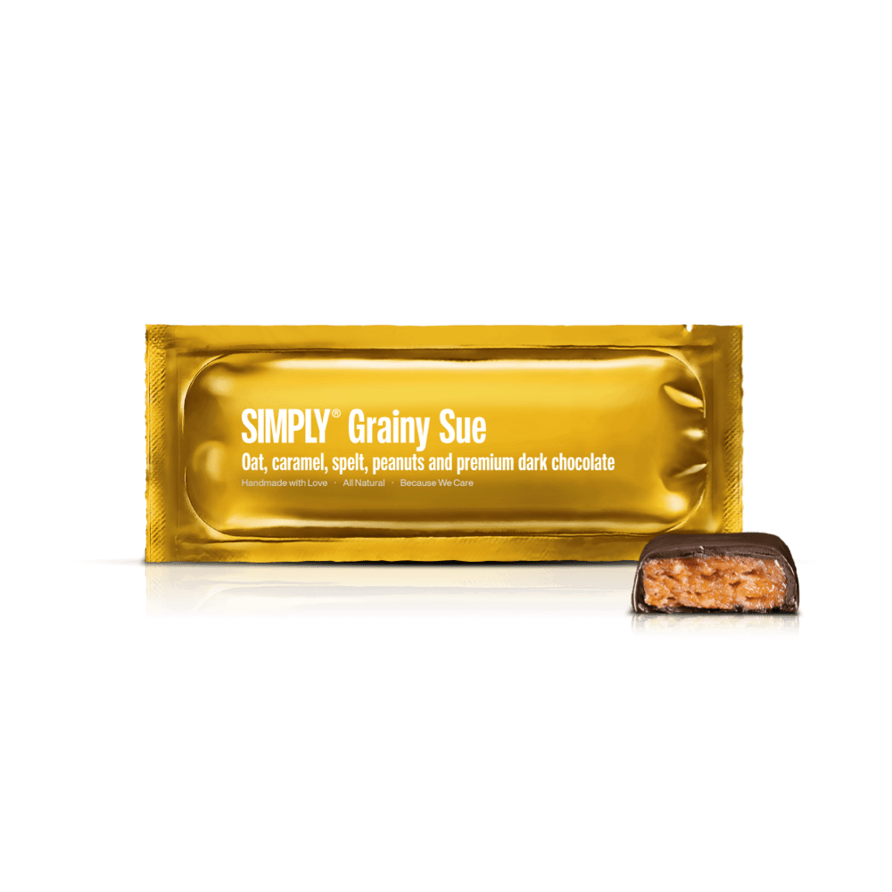 Simply® Grainy Sue | Oats, spelt, caramel, peanuts and premium dark chocolate